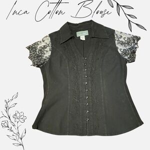 Embroidered Cotton Lucy Cap Lace Sleeve Button Blouse